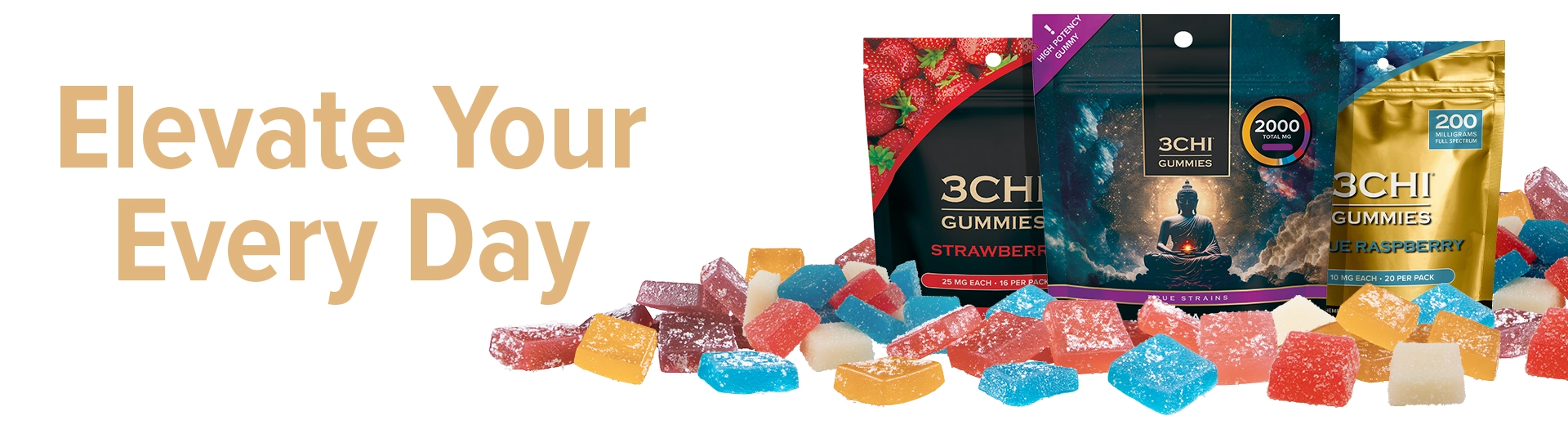 A promotional image for 3CHI gummies featuring three different flavors of packaged gummies: Strawberry, True Strains (2000 mg), and Blue Raspberry (200 mg full spectrum). The background text says 'Elevate Your Everyday' in bold golden letters. Surrounding the packages are colorful square-shaped gummy pieces in red, blue, yellow, and white.