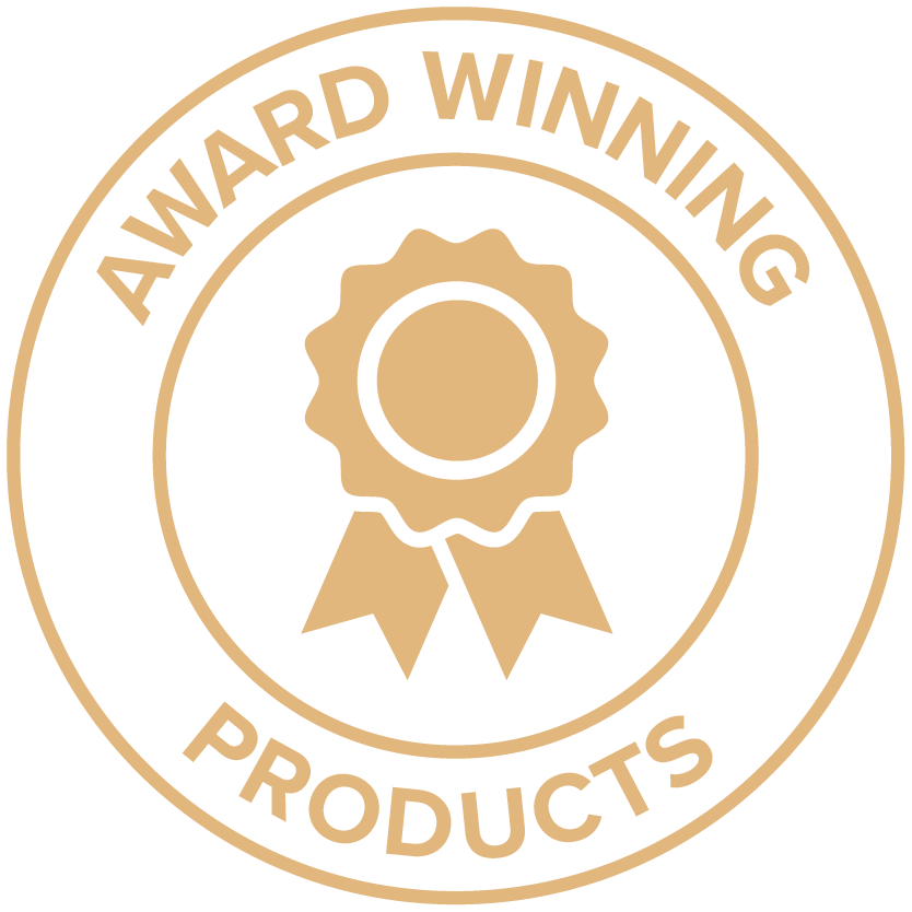A gold circular badge with an award ribbon icon in the center. The surrounding text states "AWARD WINNING PRODUCTS.
