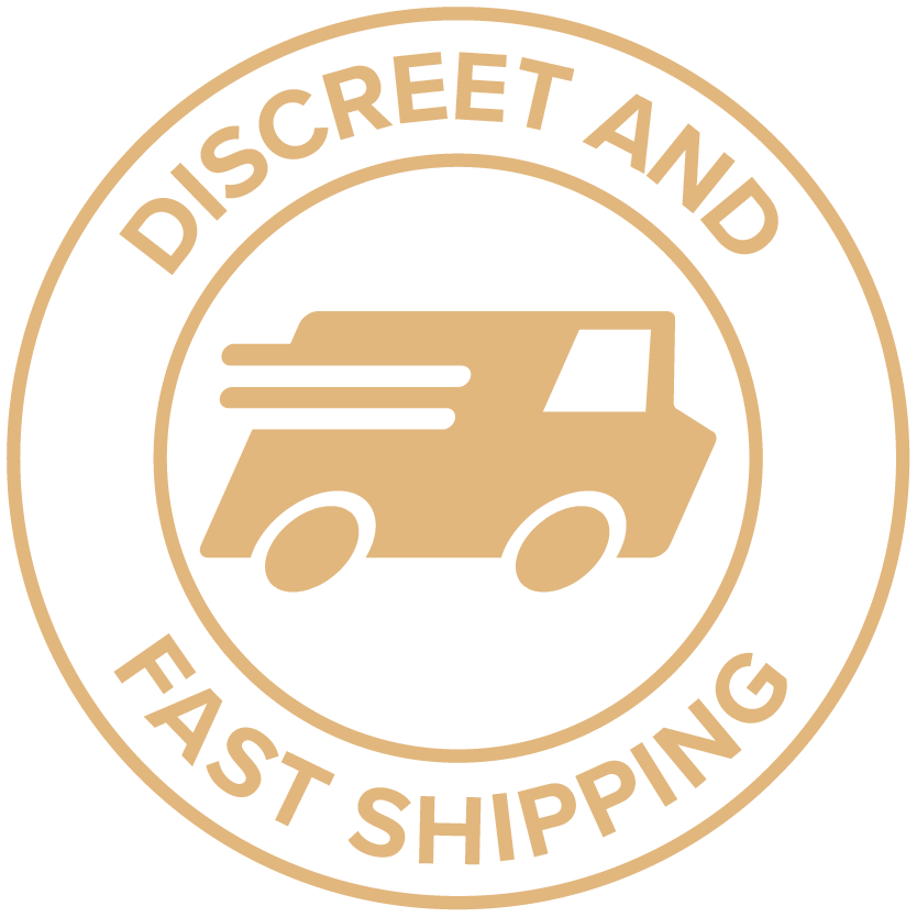 A gold circular badge with a delivery truck icon in the center, showing motion lines. The surrounding text reads "DISCREET AND FAST SHIPPING.