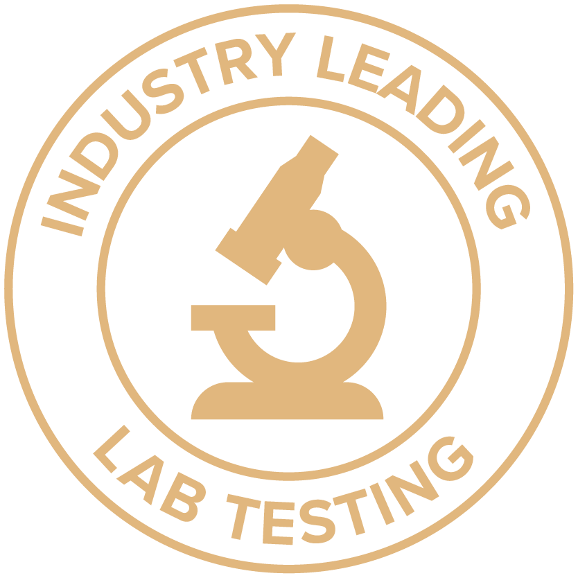 A gold circular badge featuring a microscope icon in the center. The surrounding text says "INDUSTRY LEADING LAB TESTING.