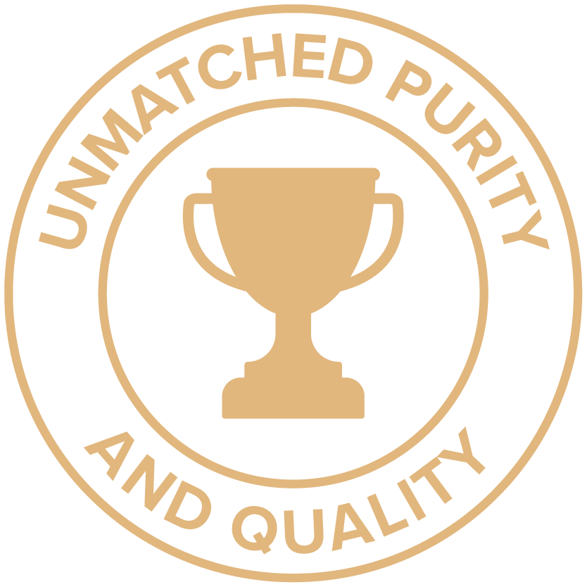 A gold circular badge with a trophy icon in the center. The text around the circle reads "UNMATCHED PURITY AND QUALITY.